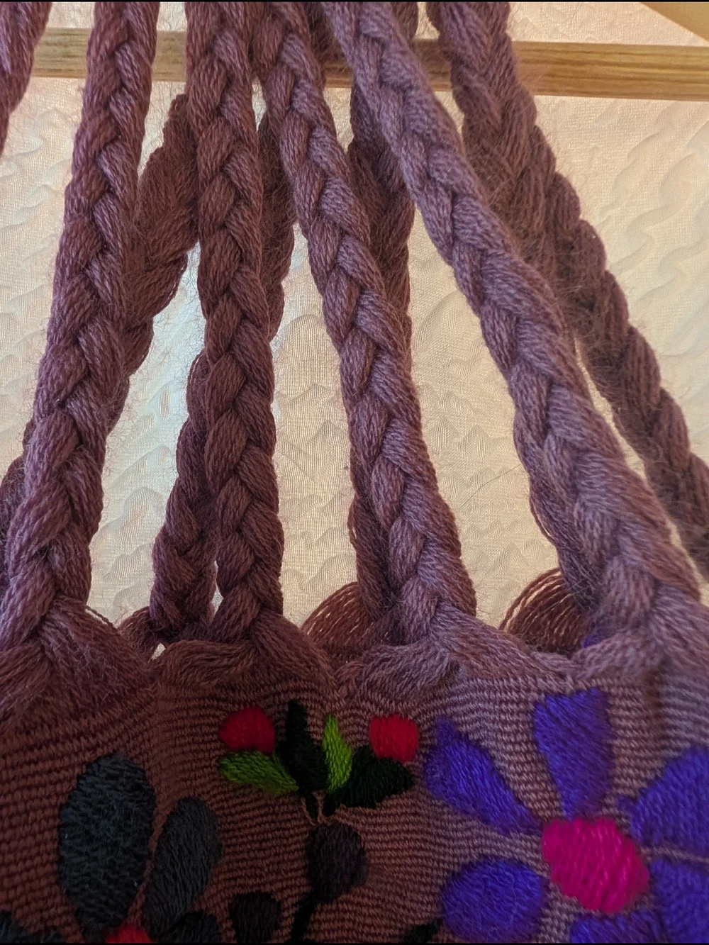Hand-Embroidered Purple Floral Tote Bag